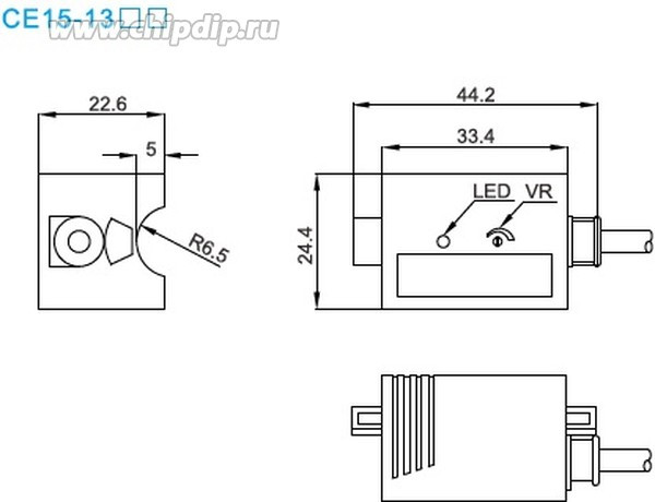 CE15-13NO накладной емкостный датчик на неметаллическую трубу ø8-11 мм, толщина стенки 1 мм, незаподлицо, NPN NO, 10...30VDC, IP67, кабель 2