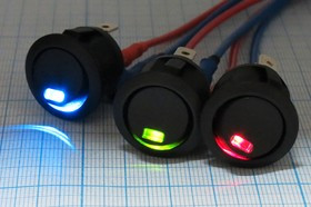 Переключатель клавишный, 2T2C, 20А12В, ON-OFF, d20, с подсветкой синей СД, R13-112LU; №10466B Пкл\12\20\ON-OFF\d20\ чер\ILсинСД\\2T2C\R13-11