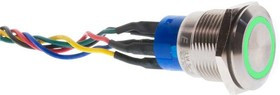 ULV4FW3SS331, Pushbutton Switches 19mm Anti-Vandal 3A 125/250VAC 1P ON-ON Stainless Steel Green LED Ring Illumination 3V Wire IP67 IK08