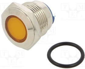 IND16-12Y-C, Индикат.лампа LED, плоский, 12ВDC, 12ВAC, Отв d16мм, латунь