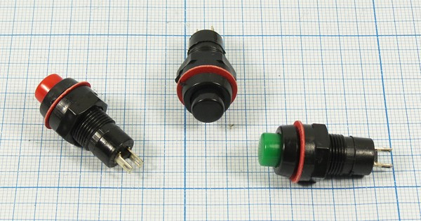 Выключатель кнопочный с фиксацией OFF-ON зелёного цвета, 220В/ 1А, d10мм; №2083 G ПКн\250\ 1,0\SPST\d10\чер\ зел\\2C\DS-211\