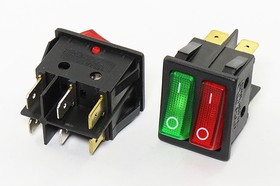 Переключатель клавишный, контакты 6T, 15А, 2-ON-OFF, подсветка ILзеленая-ILкрасная, KCD2-2101N-2