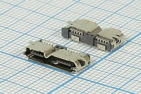 Гнездо micro USB 3.0, угловое, 10 контактов, SMD на плату; №10819 гн microUSB \\10C2C\плат\ угл\SMD\micro USB-3,0S\