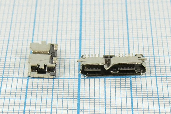 Гнездо micro USB 3.0, угловое, 10 контактов, SMD на плату; №10819 гн microUSB \\10C2C\плат\ угл\SMD\micro USB-3,0S\