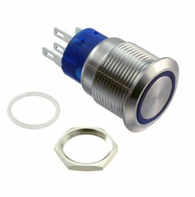 ULV4F2BSS344, Pushbutton Switches Anti-vandal, SPDT, On-(On), Panel Mount, Front, Silver, LED, Blue, IP67
