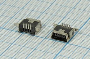 Разъем mini USB 5FS1 розетка, тип B, контакты 5P2HP, монтаж на плату, вертикальный, miniUSB 5FS1