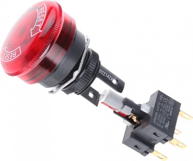 A165E-LS-24D-02, Switch Emergency Stop N.C. DPST Mushroom Button 5A 250VAC 30VDC 14.7N Solder Panel Mount