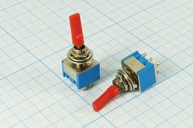 Рычажный переключатель (тумблер), 220В, 3А, переключение ON-ON, d 6.4, красный, контакты 6C, MTS-202E1