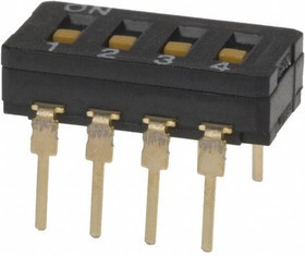 A6D4100, Switch DIP OFF ON SPST 4 Flush Slide 0.03A 30VDC PC Pins 5000Cycles 2.54mm Thru-Hole Tube