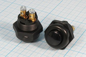 Влагозащищённая кнопка без фиксации (SPST), OFF-(ON), чёрная, 12В/16А; №14909 ПКн\ 12\16\(SPST)\d22\чер\ чер\\2Cвинт\A-07-014