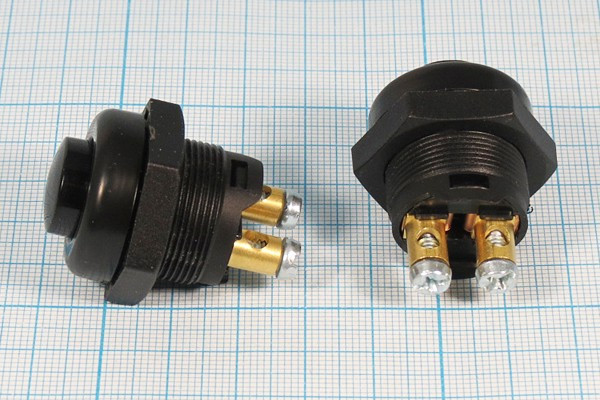 Влагозащищённая кнопка без фиксации (SPST), OFF-(ON), чёрная, 12В/16А; №14909 ПКн\ 12\16\(SPST)\d22\чер\ чер\\2Cвинт\A-07-014