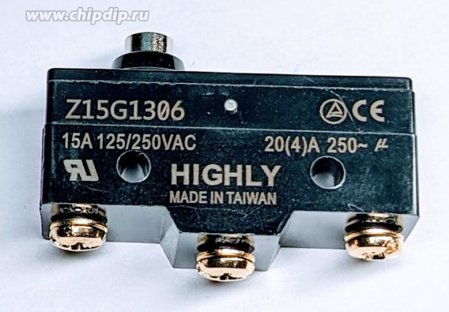 Z15G1306, Микропереключатель SNAP ACTION, с толкателем, SPDT, 20A/250ВAC