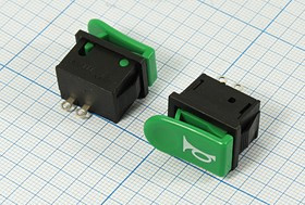 Переключатель клавишный, контакты 2C, 1А, 12В, OFF-(ON), подсветка зеленая, [сигнал]RS-111
