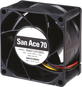 9GA0712P1H001, San Ace 9GA Series Axial Fan, 12 V dc, DC Operation, 115m³/h, 13.2W, 1.1A Max, 70 x 70 x 38mm