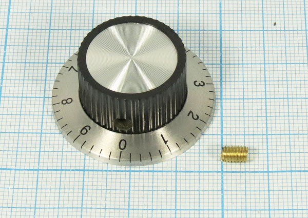 Ручка круглая диаметр 37мм, диаметр регулятора 6.3мм, пластик, черный/металл, винт, KN-139A(0-10); №6719 ручка d6,3\37x15,5\пл\ чер/мет\винт