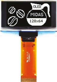 MCOT128064BY-WM, Графический OLED дисплей, 128 x 64, Белый на Черном, 2.8В, I2C, Параллельный, SPI, 42мм x 27.2мм MCOT128064BY-WM, Графический OLED дисплей, 128 x 64, Белый на Черном, 2.8В, I2C, Параллельный, SPI, 42мм x 27.2мм