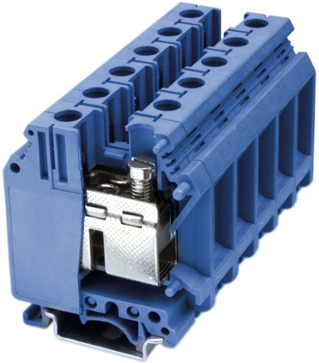 Клемма проходная винтовой зажим 2 точки подключения 35кв.мм син. DKC KRU-35N-BU