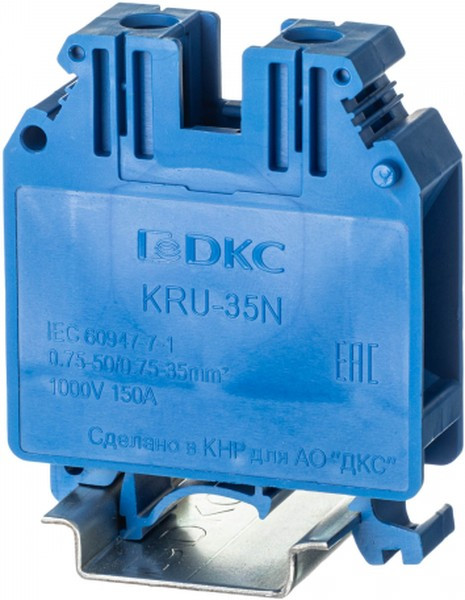 Клемма проходная винтовой зажим 2 точки подключения 35кв.мм син. DKC KRU-35N-BU