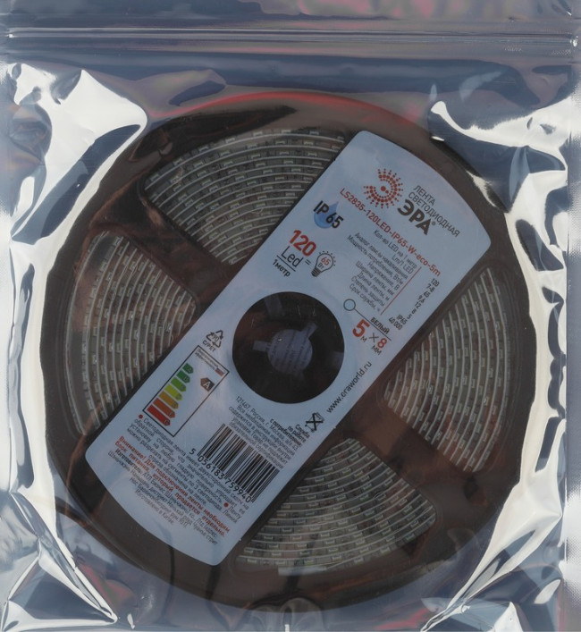 Светодиодная лента ЭРА LS2835 -9,6-120-12-6500K-IP65-1 year-5m Б0035599 Светодиодная лента ЭРА LS2835 -9,6-120-12-6500K-IP65-1 year-5m Б0035599