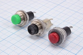 Включатель кнопочный без фиксации (SPST), OFF-(ON), зелёный, 220В/ 1А, d10мм, аналог [DS-314]; №116 G ПКн\250\ 1,0\(SPST)\d10\ мет\зел\\2C\D