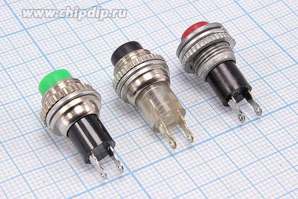 Включатель кнопочный без фиксации (SPST), OFF-(ON), зелёный, 220В/ 1А, d10мм, аналог [DS-314]; №116 G ПКн\250\ 1,0\(SPST)\d10\ мет\зел\\2C\D