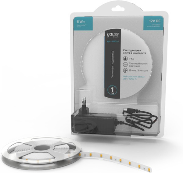 Gauss Лента Basic в комплекте 12V 6W/m 600lm/m 4000 IP65 LED 5m 1/80