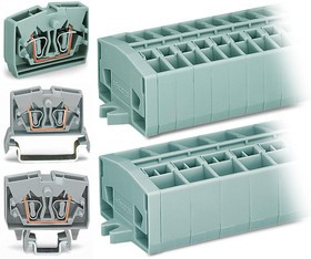 254384, Клемма миниатюрная, CAGE CLAMP на большую DIN рейку (35), под штекер, 4-проводная, 2.5мм², син.