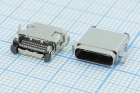 Гнездо USB 3.1, Тип C, угловое, 24 контакта, SMD на плату; №14563 гн USB \C 3,1\24P4C\плат\ \\USB3,1TYPE-C 24PF-004