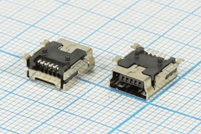 Гнездо mini USB, Тип B, угловое, 5 контактов, SMD на плату; №2625 гн miniUSB \B\5P4C\плат\ угл\SMD\miniUSB B-FR SMD