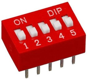 L-KLS7-DST-05-R-00, DIP-переключатель 5 групп красный монтаж в отверстие шаг 2.54мм 0.025A 24В с выступающим движком