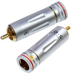 1-222G RED, штекер RCA металл цанга на кабель d до 9.0мм красный "позолоченный"