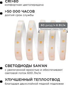 10-54 Светодиодная лента, 220В, 6Вт/м, smd2835, 60д/м, IP65, 600Лм/м, белый шнур ПВХ с прозрачным ра