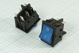 Клавишный переключатель 2-х полюсный с синей индикацией, 220В/15А; №239 b ПКл\\15\2xON-ON\\чер\ ILсин\\6T\IRS202-1C\