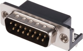 15 Way Right Angle Through Hole D-sub Connector Plug, 2.77mm Pitch, with 4-40 UNC, Threaded Insert