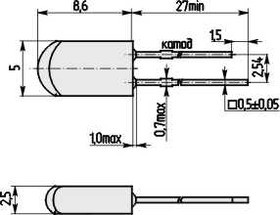 Светодиод прямоугольный 5x2,5x9мм, зеленый, 5 мкд, 100 градусов, зеленый матовый, L-173GD; №5063 G СД 5 x 2,5x 9 \зел\ 5\100\зел мат\L-17