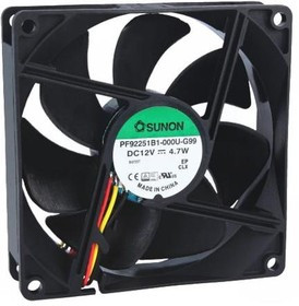 PF92251B1-000U-G99, Вентилятор осевой, 12В DC, 92x92x25мм, подшипник качения, 127,42куб.м/ч, 47дБА, 24AWG