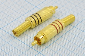 Разъем RCA вилка, 4-6мм, на кабель, золотой / 3 красный , пружинный хвост