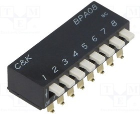 BPA08SBR, Переключатель: DIP-SWITCH, Кол-во секций: 8, OFF-ON, 0,025A/24ВDC