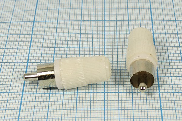 Разъем RCA вилка, 4-5мм, на кабель, пластик, L29, белый, [тюльпан]