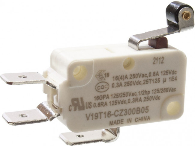 V19T16-CZ300B05, микропереключатель SPDT 250В 16А короткая лапка с роликом фастон 6,3мм 2.94N
