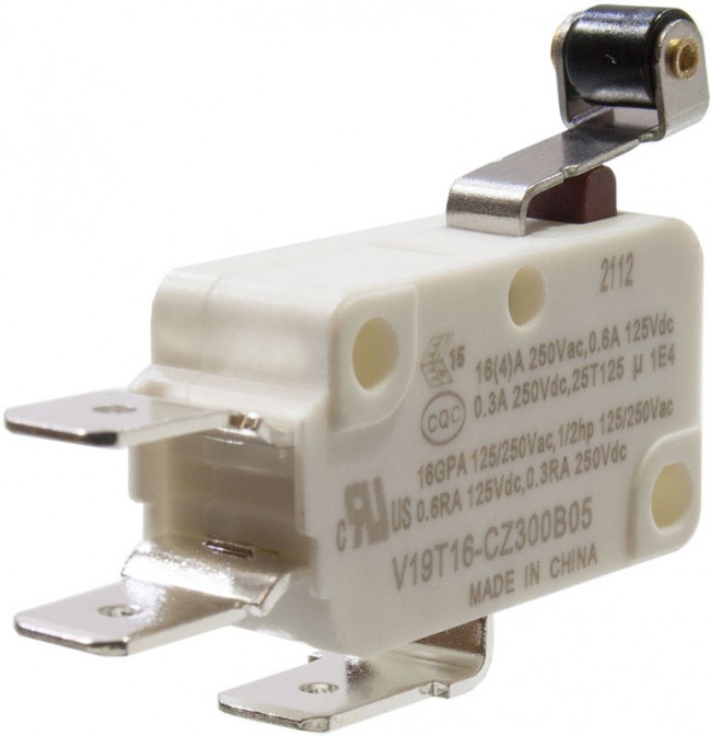 V19T16-CZ300B05, микропереключатель SPDT 250В 16А короткая лапка с роликом фастон 6,3мм 2.94N