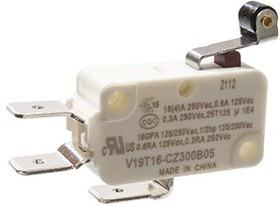 V19T16-CZ300B05, микропереключатель SPDT 250В 16А короткая лапка с роликом фастон 6,3мм 2.94N