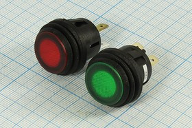 Влагозащищённая кнопка с фиксацией SPST, ON-OFF, зеленая с подсветкой, 12В/10А, ILзел; №10457G ПКн\ 12\10\SPST\d20\чер\ ILзел\IP56\4T\R13-52