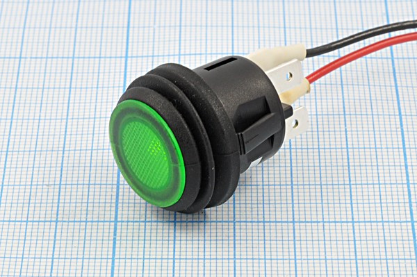 Влагозащищённая кнопка с фиксацией SPST, ON-OFF, зеленая с подсветкой, 12В/10А, ILзел; №10457G ПКн\ 12\10\SPST\d20\чер\ ILзел\IP56\4T\R13-52