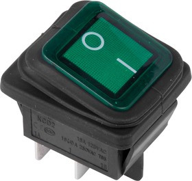 36-2362, Выключатель клавишный 250V 15А (4с) ON-OFF зеленый с подсветкой ВЛАГОЗАЩИТА (RWB-507)