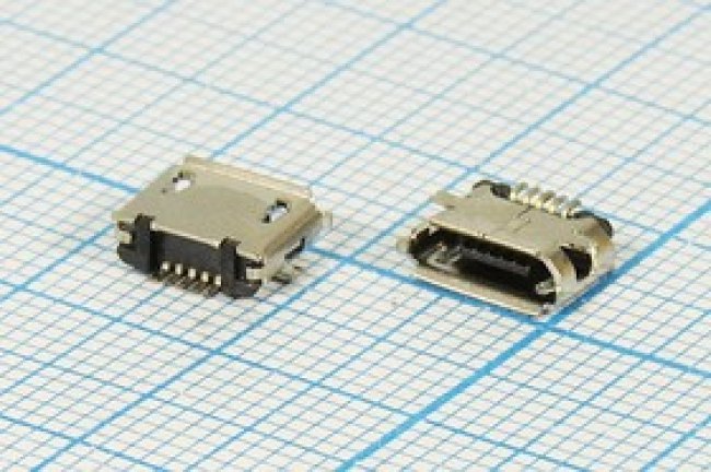 Разъем microUSB розетка, тип B, контакты 5P2C, на плату, угловой, SMD, microUSBB5PSMD Разъем microUSB розетка, тип B, контакты 5P2C, на плату, угловой, SMD, microUSBB5PSMD