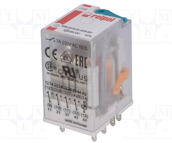 R4N-2014-23-1024-WT, Реле электромагнитное, 4PDT, Uобмотки 24ВDC, 6A/250ВAC, 0,9Вт R4N-2014-23-1024-WT, Реле электромагнитное, 4PDT, Uобмотки 24ВDC, 6A/250ВAC, 0,9Вт