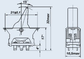 Рычажный переключатель (тумблер), 220В, 5А, переключение ON-OFF, 13x8, серый, контакты 6C, ПТ17-1 Рычажный переключатель (тумблер), 220В, 5А, переключение ON-OFF, 13x8, серый, контакты 6C, ПТ17-1
