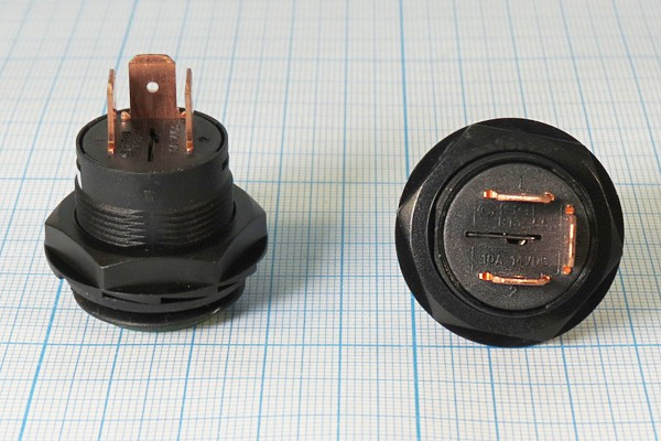 Влагозащищённая кнопка с фиксацией SPST, ON-OFF, зеленая с подсветкой, 12В/10А, ILзел; №10471G ПКн\ 12\10\SPST\d22\чер\ ILзел\IP56\3T\R13-55