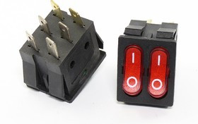 Переключатель клавишный, контакты 6T, 15А, 2-ON-OFF, подсветка ILкрасная, IRS2101-3C